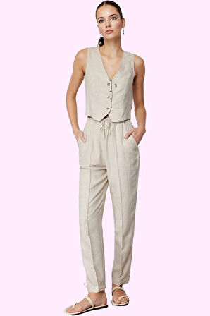 Kadın Yazlık Pantolon Straight Kalıp Yüksek Bel Keten Karışımlı Dokuma Kumaş Günlük Kullanım