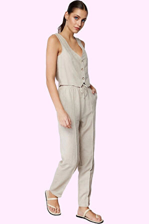 Kadın Yazlık Pantolon Straight Kalıp Yüksek Bel Keten Karışımlı Dokuma Kumaş Günlük Kullanım