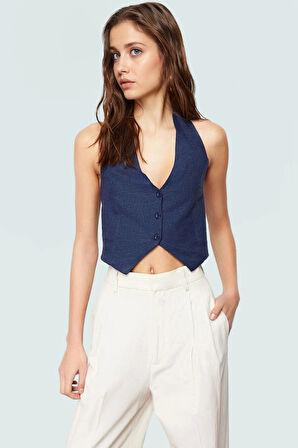 Boyundan Bağlamalı Keten Karışımlı Dokuma Bluz Regular Kalıp Günlük Kullanım İçin Zarifane Tasarım