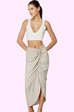 Kadın Yazlık Midi Etek Asimetrik Kesim Dokuma Keten Karışımı Günlük Kullanım Modern Tasarım