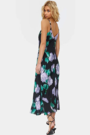 Yazlık Çok Çiçek Desenli Saten Maxi Elbise Rahat A Kesim V Yaka Zarifane Tasarım