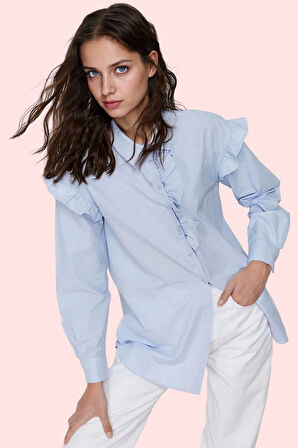 Kadın Basic Poplin Dokuma Uzun Kollu Gömlek İncili Detay Günlük Stil Yaz Aylarının Vazgeçilmezi