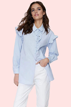 Kadın Basic Poplin Dokuma Uzun Kollu Gömlek İncili Detay Günlük Stil Yaz Aylarının Vazgeçilmezi