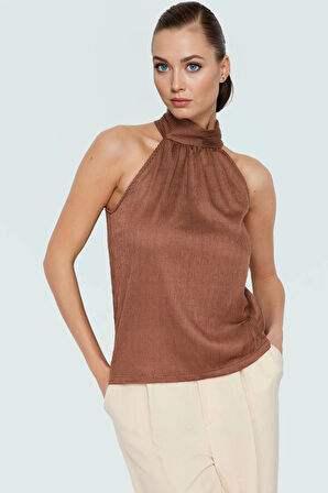 İş ve Günlük Kullanım İçin Polyester Örme Pilise Bluz Halter Yaka Profesyonel Görünüm