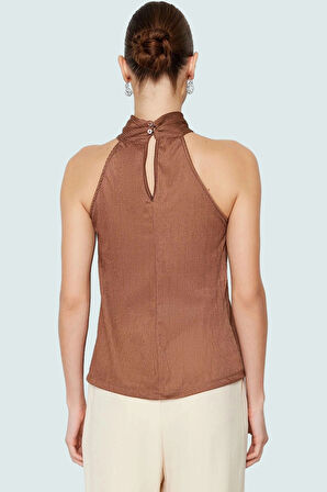 İş ve Günlük Kullanım İçin Polyester Örme Pilise Bluz Halter Yaka Profesyonel Görünüm