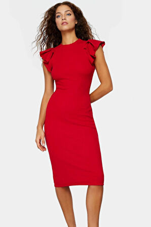 Esnek Örme Midi Elbise Bodycon Kesim Volanlı Kollarla Şık Tasarım Trend Konforlu