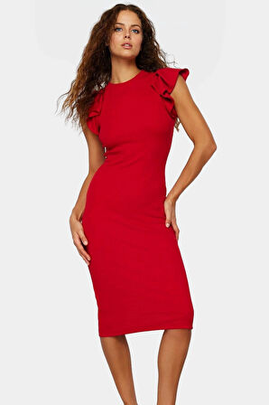 Esnek Örme Midi Elbise Bodycon Kesim Volanlı Kollarla Şık Tasarım Trend Konforlu
