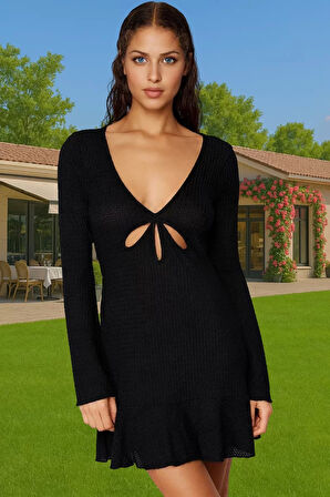 Kadın Yazlık Mini Örme Elbise V Yaka İspanyol Kol Polyester Gofre Konforlu Kesim Modern Stil