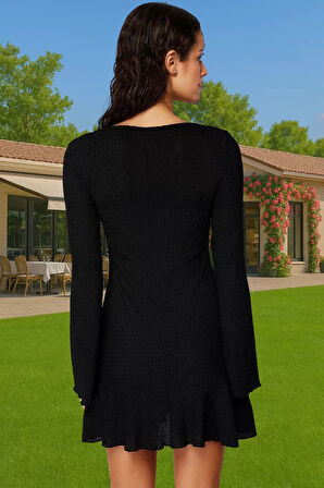 Kadın Yazlık Mini Örme Elbise V Yaka İspanyol Kol Polyester Gofre Konforlu Kesim Modern Stil
