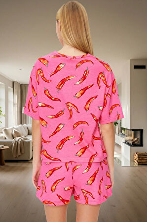 Yazlık Pamuk Örme Pijama Takımı Biber Desenli Rahat ve Nefes Alan Dayanıklı Malzeme