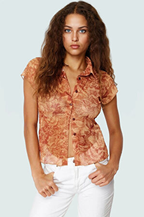 Nefes Alan Tül Bluz Kısa Kollu Çiçek Desenli Regular Kalıp Polyester Örme Zarifane Tasarım