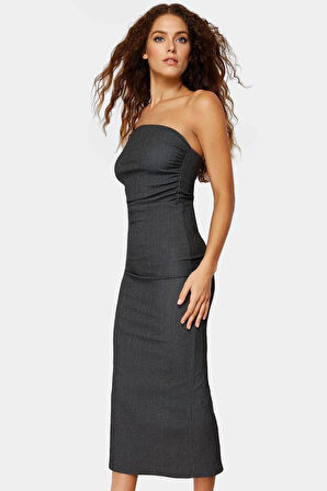 Yazlık Midi Elbise Kolsuz Bodycon Polyester Örme Kumaş Uzun Ömürlü Şık Görünüm