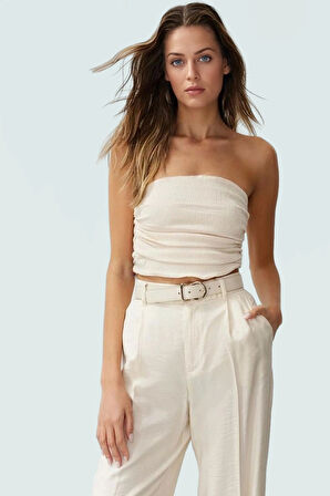 Büzgülü Örme Straplez Bluz Crop Fitted Rahat Yazlık Uzun Ömürlü Ve Şık