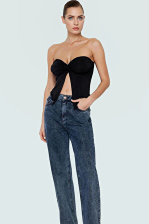 Asimetrik Kalp Yaka Örme Bluz Polyester Crop Buzzy Dokuma Yazlık Rahat Modern Stil Özel Tasarım