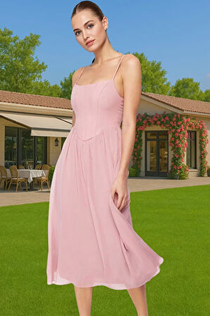 Midi Boy Astarlı Şifon Abiye Elbise Yüksek Kalite Zarifane Tasarım Konforlu Kesim Zarifane Tasarım