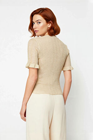 Kadın Fitted Kesim Simli İnce Triko Bluz Bisiklet Yaka Fırfır Kollu Crop Model Modern Stil