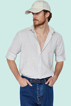 Erkek Regular Fit Pamuk Keten Karışımlı Çizgili Gömlek Yaka Günlük Stil Yaz Aylarının Vazgeçilmezi