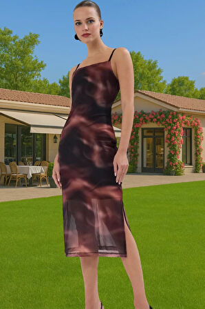 Askılı Bodycon Polyester Elbise Baskılı Tül Midi Premium Kalite Zarifane Tasarım Özel Tasarım