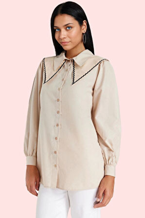 Kadın Pamuk Polyester Poplin Gömlek Taş Yaka Detaylı Günlük Kullanım Yaz Aylarının Vazgeçilmezi