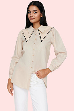 Kadın Pamuk Polyester Poplin Gömlek Taş Yaka Detaylı Günlük Kullanım Yaz Aylarının Vazgeçilmezi