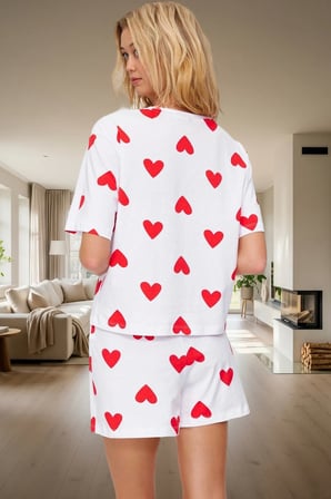 Kalp Desenli Örme Pijama Takımı Yaz İçin Mükemmel Konfor Trend Tasarım Rahat Ve Şık