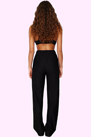 Kadın İnce Çizgili Örme Pantolon Yüksek Bel Straight Kesim Günlük Yaşam Yaz Aylarının Vazgeçilmezi