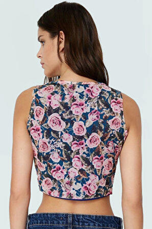 Fitted Tül Bluz Kare Yaka Kolsuz Çiçek Desenli Yazlık Konforlu Kesim Kaliteli İşçilik