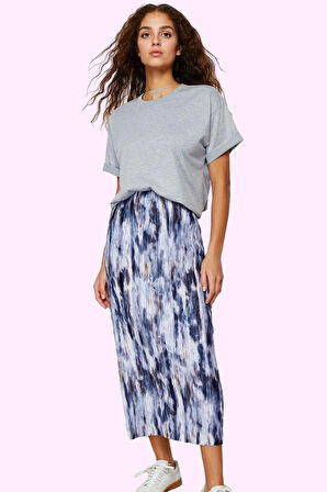 Kadın Günlük Maxi Etek; Normal Bel Pilise Detay Örme Kumaş Soyut Desen Yaz Aylarının Vazgeçilmezi