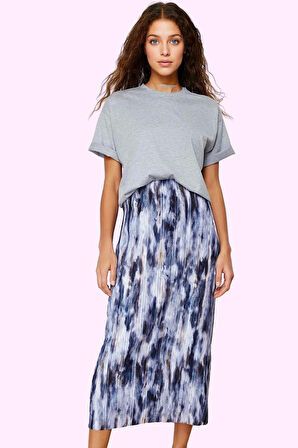 Kadın Günlük Maxi Etek; Normal Bel Pilise Detay Örme Kumaş Soyut Desen Yaz Aylarının Vazgeçilmezi