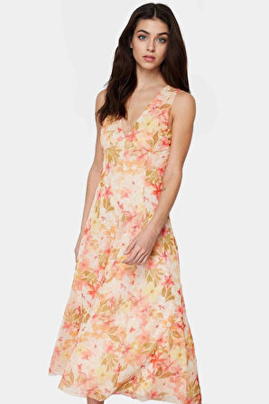 Yazlık Çok Çiçekli A Line Elbise Polyester Elastan Karışımlı Örme Kumaş Özenle Seçilmiş