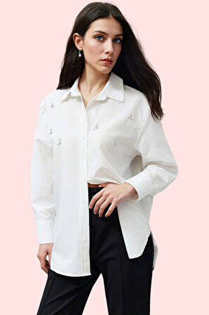 Kadın Terrycotton Dokuma Gömlek Oversize Taş Detaylı Günlük ve Şık Yaz Aylarının Vazgeçilmezi