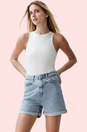 Kadın Denim Şort Yüksek Bel Boru Paça Pamuk Günlük Kullanım Hafta Sonu Yaz Aylarının Vazgeçilmezi