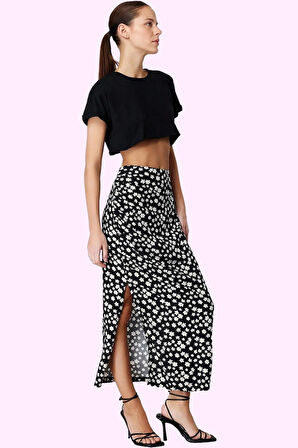 Kadın A line Yırtmaçlı Kemerli Yazlık Etek Viskoz Dokuma Kumaş Çiçek Desenli Günlük Kullanım