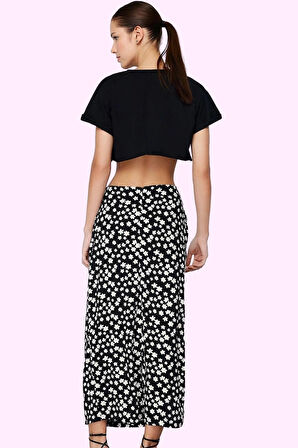 Kadın A line Yırtmaçlı Kemerli Yazlık Etek Viskoz Dokuma Kumaş Çiçek Desenli Günlük Kullanım