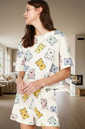 Rahat %100 Pamuklu Pijama Takımı Ayıcık Desenli Yazlık Şortlu Şık Görünüm Özenle Seçilmiş