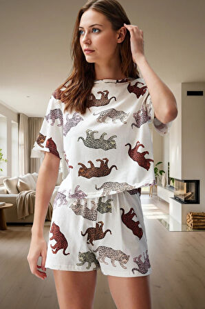 Kadın Örme Pijama Takımı Kaplan Desenli Yumuşak Pamuk Özel Tasarım Seçkin Malzeme