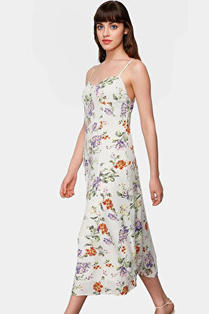 Rahat A line Crinkle Dokuma Midi Elbise Çiçek Desenli Polyester Kaliteli İşçilik Modern Stil