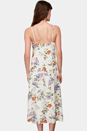 Rahat A line Crinkle Dokuma Midi Elbise Çiçek Desenli Polyester Kaliteli İşçilik Modern Stil