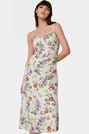 Rahat A line Crinkle Dokuma Midi Elbise Çiçek Desenli Polyester Kaliteli İşçilik Modern Stil