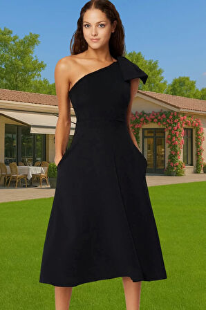 Dokuma Midi Abiye Elbise Tek Kol Asimetrik Yaka Finike Kumaş Profesyonel Görünüm Mükemmel Uyum