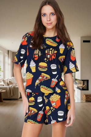 Yazlık Kısa Kollu Çok Baskılı Örme Pijama Takımı Yüksek Kalite Modern Stil Rahat Ve Şık