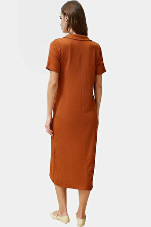 Yazlık Bürümcük Dokulu Midi Elbise Nefes Alan Polyester Kumaş Polo Yaka Kısa Kollu