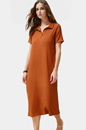 Yazlık Bürümcük Dokulu Midi Elbise Nefes Alan Polyester Kumaş Polo Yaka Kısa Kollu