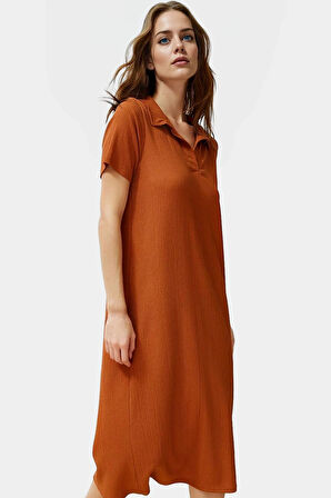 Yazlık Bürümcük Dokulu Midi Elbise Nefes Alan Polyester Kumaş Polo Yaka Kısa Kollu