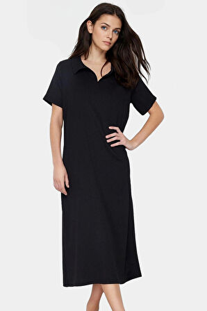 Yazlık Bürümcük Dokulu Midi Elbise Nefes Alan Polyester Kumaş Polo Yaka Kısa Kollu