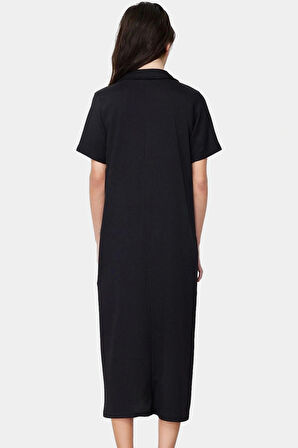 Yazlık Bürümcük Dokulu Midi Elbise Nefes Alan Polyester Kumaş Polo Yaka Kısa Kollu