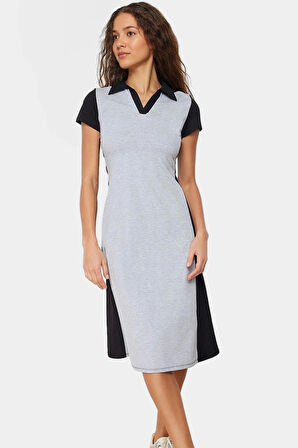 Örme Midi Elbise Rahat Şık Pamuklu Skater Kısa Kol Kaliteli İşçilik Görünüm