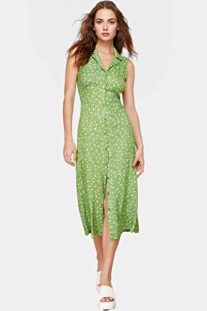 Kolsuz Midi Boy Gömlek Elbise Dokuma Viskoz Kumaş Rahat Yazlık Çiçekli Yüksek Kalite