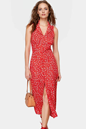 Kolsuz Midi Boy Gömlek Elbise Dokuma Viskoz Kumaş Rahat Yazlık Çiçekli Yüksek Kalite