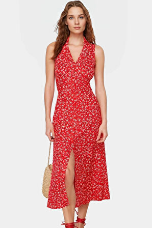 Kolsuz Midi Boy Gömlek Elbise Dokuma Viskoz Kumaş Rahat Yazlık Çiçekli Yüksek Kalite